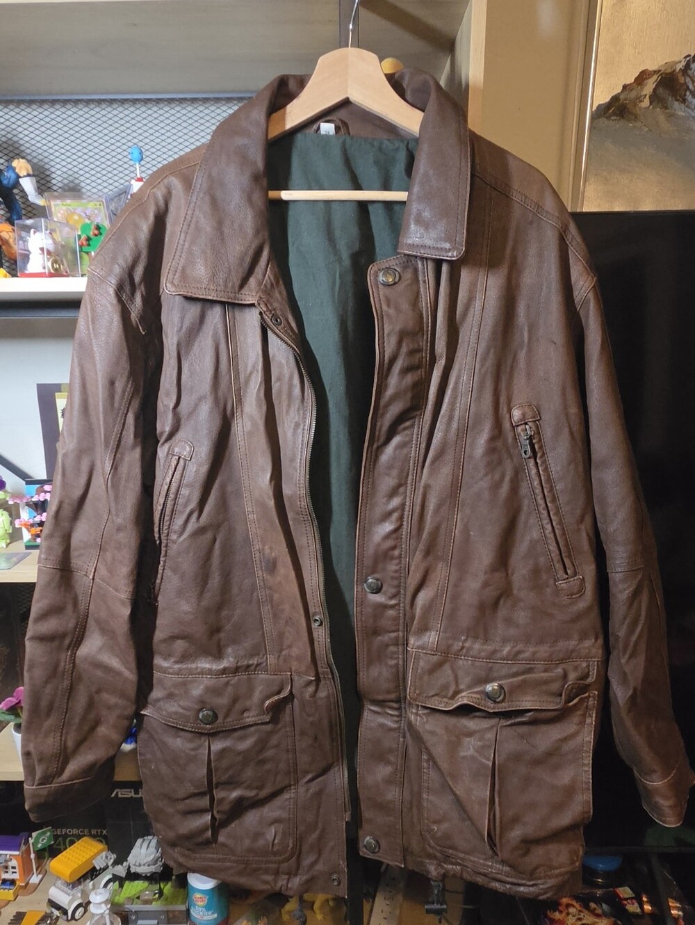 Vtg German Leather Field Jacket Men 54 L Brown Utility Parka Coat Laurel Wreath
